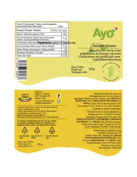 Peperoncini Ripieni con Crema di Formaggio Pecorino 180g Ayo